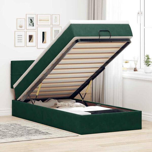 vidaXL Lit ottoman avec matelas et LED Vert fonc&eacute; 90x200cm velours