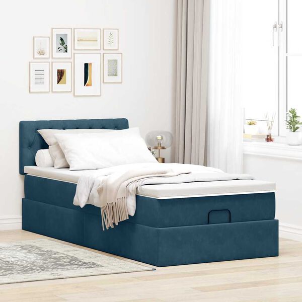 vidaXL Cadre de lit ottoman avec matelas bleu fonc&eacute; 90x190 cm velours