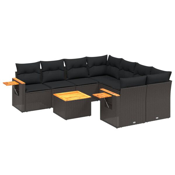 vidaXL Salon de jardin 9 pcs avec coussins noir résine tressée