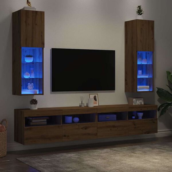 vidaXL Meubles TV avec lumi&egrave;res LED 2pcs ch&ecirc;ne artisanal 30,5x30x102cm