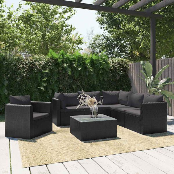 vidaXL Salon de jardin 7 pcs avec coussins R&eacute;sine tress&eacute;e Noir