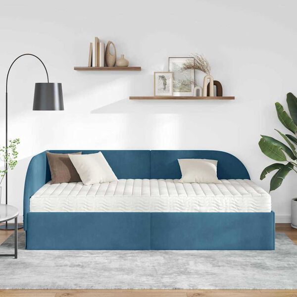 vidaXL Cadre de lit d'angle avec matelas 2 pcs Bleu Velours
