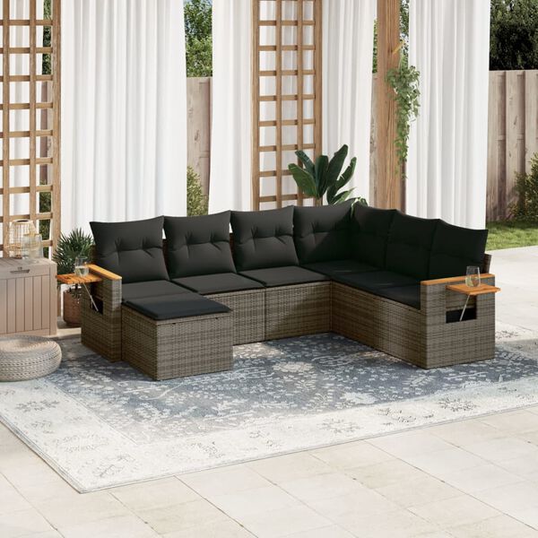vidaXL Salon de jardin avec coussins 7 pcs gris r&eacute;sine tress&eacute;e