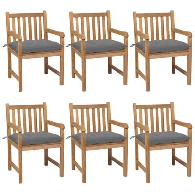 vidaXL Chaises de jardin lot de 6 et coussins gris Bois de teck solide