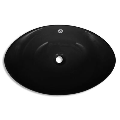 vidaXL Lavabo ovale en céramique noir avec trop plein 59 x 38,5 cm