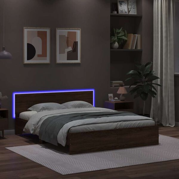 vidaXL Cadre de lit avec t&ecirc;te de lit et LED ch&ecirc;ne marron 150x200 cm