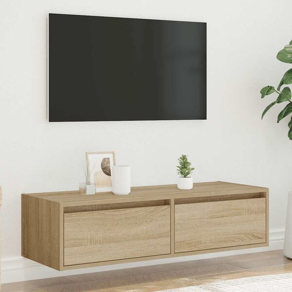 vidaXL Meuble TV avec lumi&egrave;res LED ch&ecirc;ne sonoma 100X35,5x25 cm