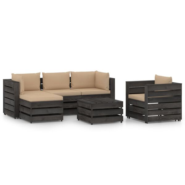 vidaXL Salon de jardin 6 pcs avec coussins gris bois impr&eacute;gn&eacute;