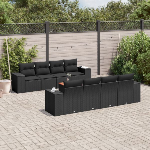 vidaXL Salon de jardin 9 pcs avec coussins noir r&eacute;sine tress&eacute;e