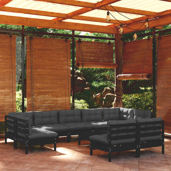 vidaXL Salon de jardin 10 pcs avec coussins Noir Bois de pin massif