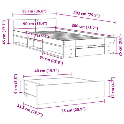 vidaXL Cadre de lit et tiroir chêne sonoma 90x200 cm bois d'ingénierie