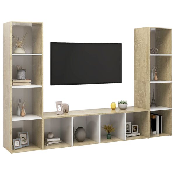vidaXL Meubles TV 3pcs Blanc et ch&ecirc;ne sonoma Bois d'ing&eacute;nierie