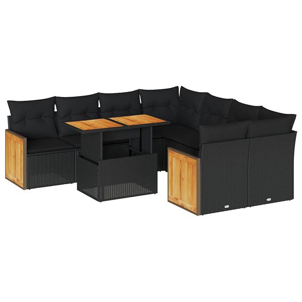 vidaXL Salon de jardin avec coussins 9 pcs noir r&eacute;sine tress&eacute;e acacia