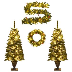 vidaXL Arbres de No&euml;l artificiels 2 pcs et couronne, guirlande et LED