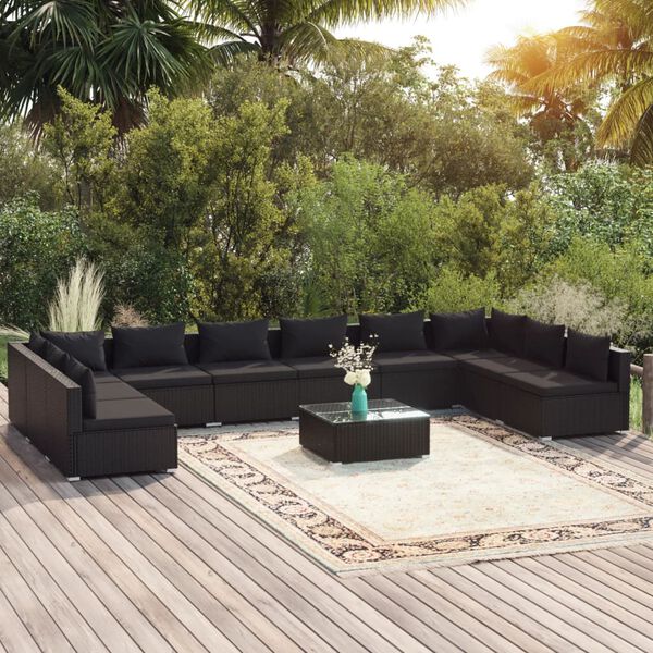 vidaXL Salon de jardin 11 pcs avec coussins R&eacute;sine tress&eacute;e Noir