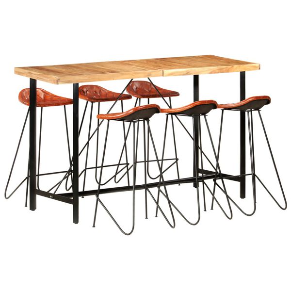 vidaXL Ensemble de bar 7 pcs Bois solide et cuir v&eacute;ritable