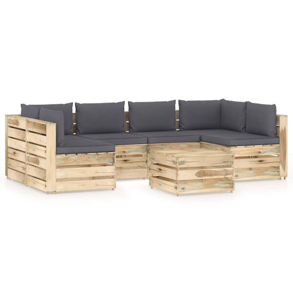 vidaXL Salon de jardin 7 pcs avec coussins Bois impr&eacute;gn&eacute; de vert