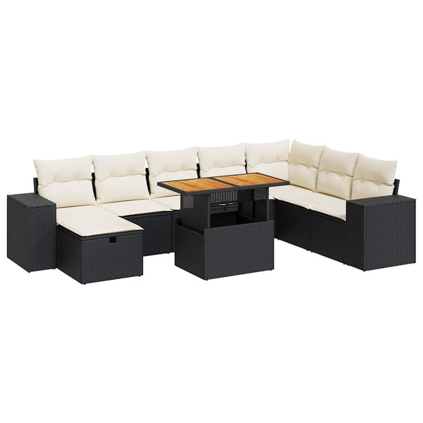 vidaXL Salon de jardin avec coussins 9 pcs noir r&eacute;sine tress&eacute;e acacia