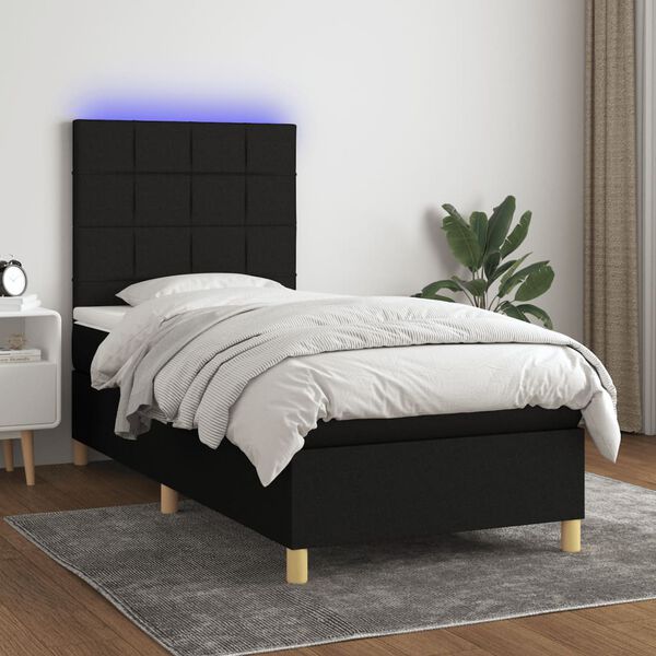 vidaXL Sommier &agrave; lattes de lit et matelas et LED Noir 90x200 cm Tissu