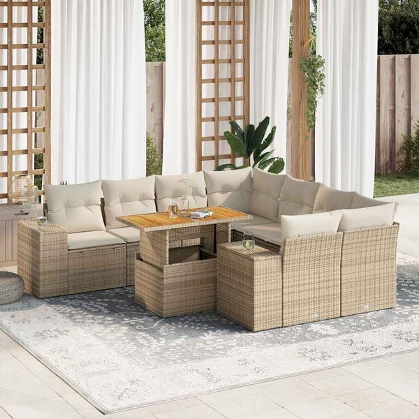 vidaXL Salon de jardin avec coussins 9 pcs beige r&eacute;sine tress&eacute;e