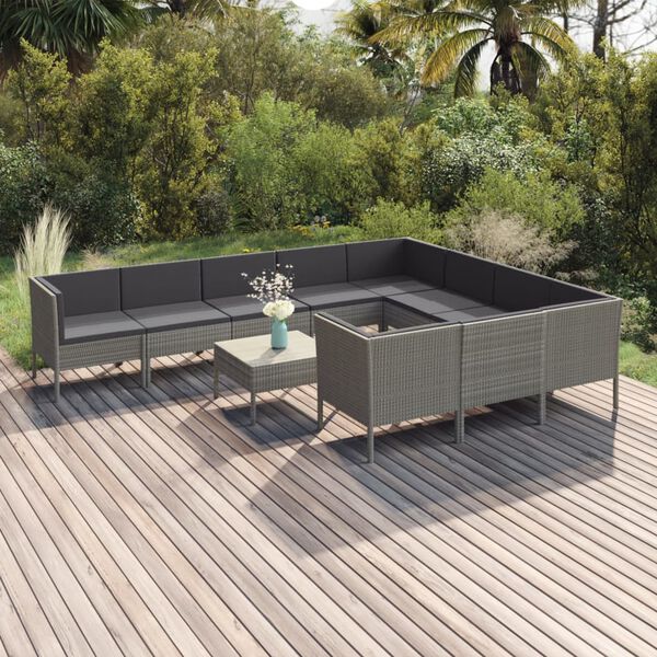 vidaXL Salon de jardin 11 pcs avec coussins R&eacute;sine tress&eacute;e Gris