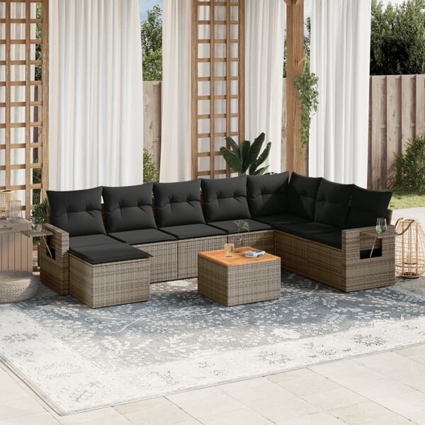 vidaXL Salon de jardin 9 pcs avec coussins gris résine tressée