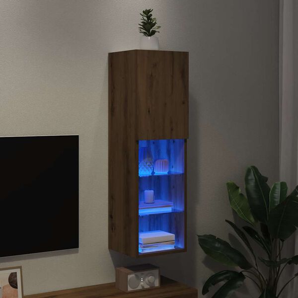vidaXL Meuble TV avec lumi&egrave;res LED ch&ecirc;ne artisanal 30,5x30x102 cm