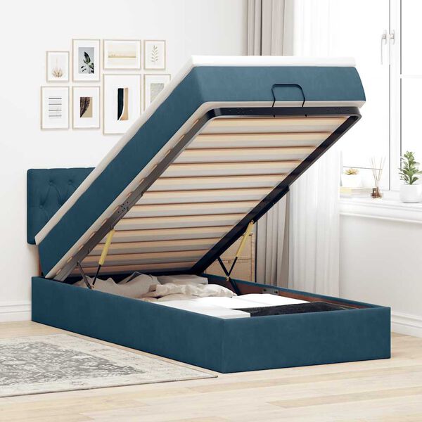 vidaXL Cadre de lit ottoman avec matelas bleu fonc&eacute; 90x200 cm velours