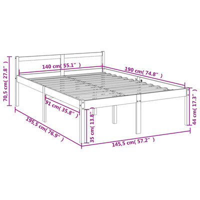 vidaXL Lit pour personne âgée gris 140x190 cm bois massif de pin