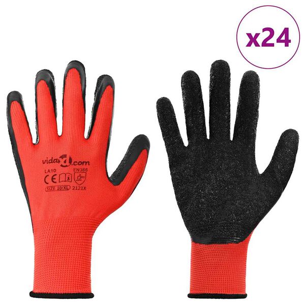 vidaXL Gants de Travail 24 pcs Rouge et Noir 10 / xl Rev&ecirc;tement en latex