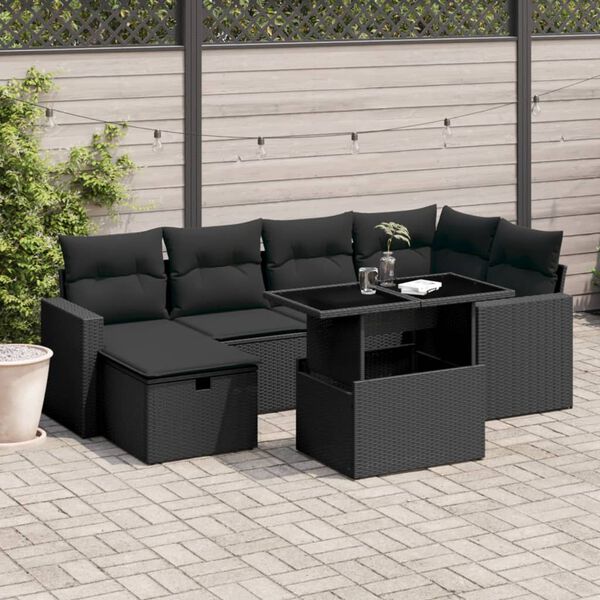 vidaXL Salon de jardin 7 pcs avec coussins noir r&eacute;sine tress&eacute;e