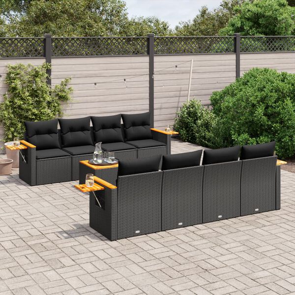 vidaXL Salon de jardin 9 pcs avec coussins noir r&eacute;sine tress&eacute;e