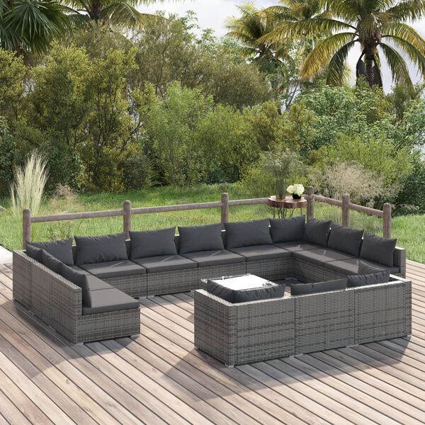 vidaXL Salon de jardin 14 pcs avec coussins Gris R&eacute;sine tress&eacute;e