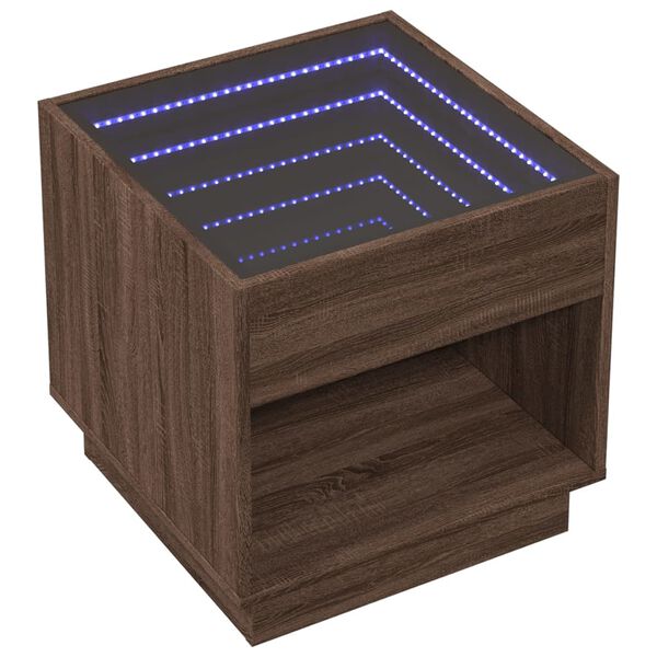 vidaXL Table de chevet avec LED infini ch&ecirc;ne marron 50x50x50 cm