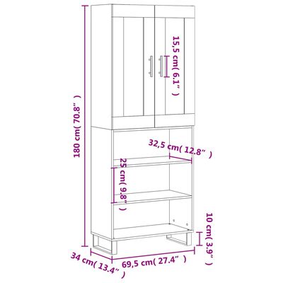 vidaXL Buffet haut Gris béton 69,5x34x180 cm Bois d'ingénierie