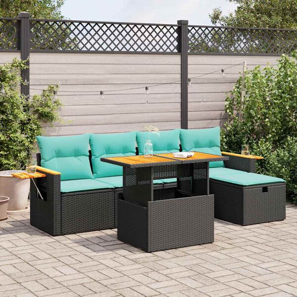 vidaXL Salon de jardin 6 pcs avec coussins noir r&eacute;sine tress&eacute;e acacia