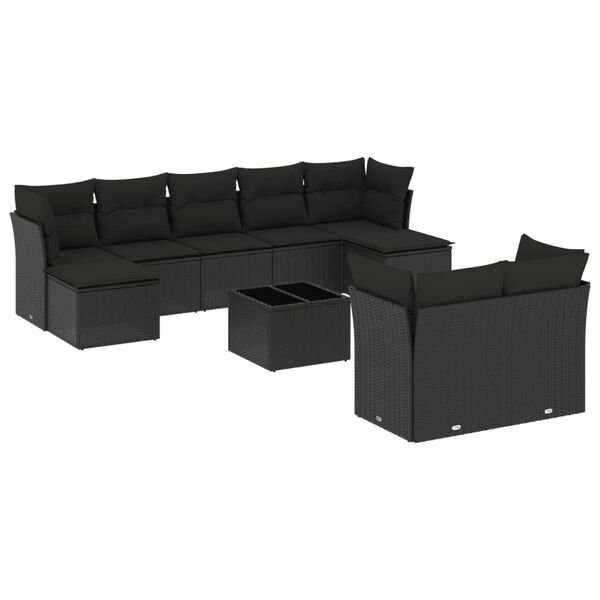 vidaXL Salon de jardin 10 pcs avec coussins noir r&eacute;sine tress&eacute;e