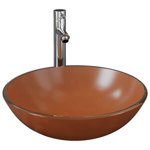 vidaXL Lavabo de bain avec robinet et drain &agrave; poussoir Verre tremp&eacute;