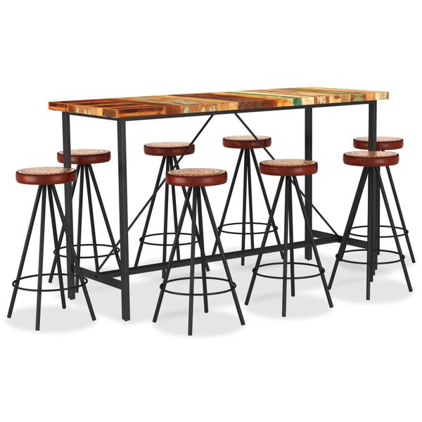 vidaXL Ensemble de bar 9 pcs Bois de r&eacute;cup&eacute;ration et cuir v&eacute;ritable