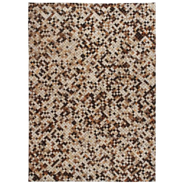 vidaXL Tapis Cuir v&eacute;ritable Patchwork 160 x 230 cm Carr&eacute; Marron/Blanc