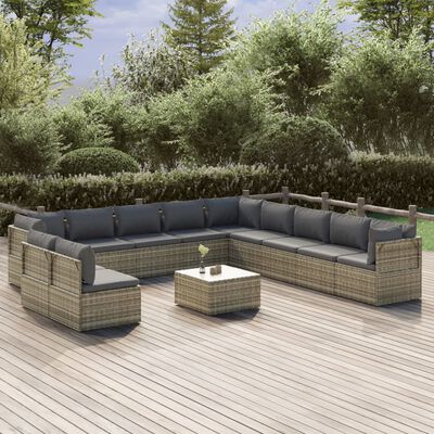 vidaXL Salon de jardin 12 pcs avec coussins Gris Résine tressée