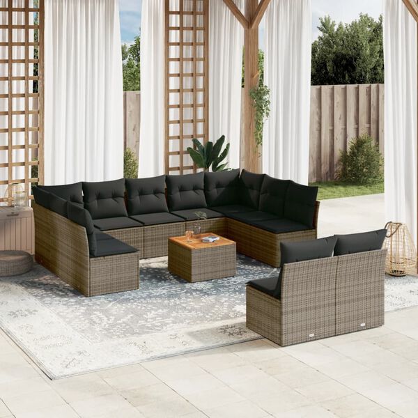 vidaXL Salon de jardin avec coussins 12 pcs gris r&eacute;sine tress&eacute;e