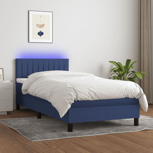 vidaXL Sommier &agrave; lattes de lit avec matelas et LED Bleu 90x200cm Tissu