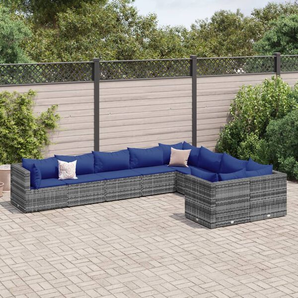 vidaXL Salon de jardin 9 pcs avec coussins gris résine tressée