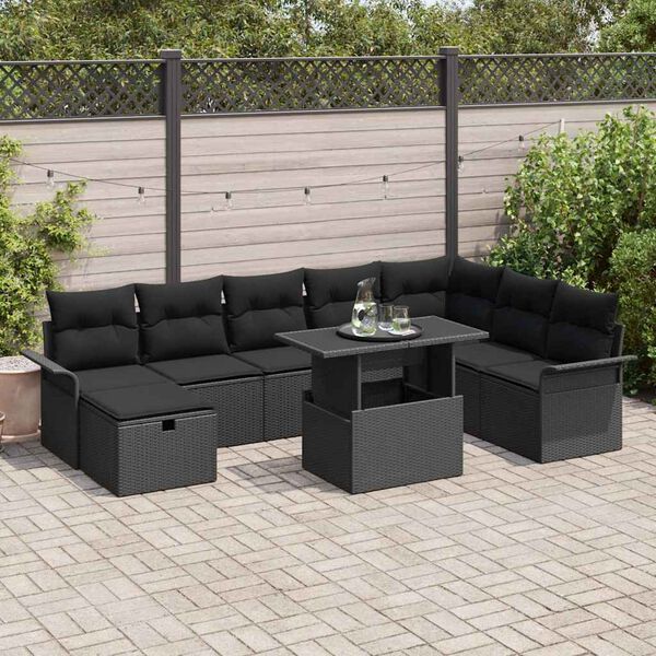 vidaXL Ensemble de canap&eacute; de jardin avec coussin 9 pcs Noir Poly rotin