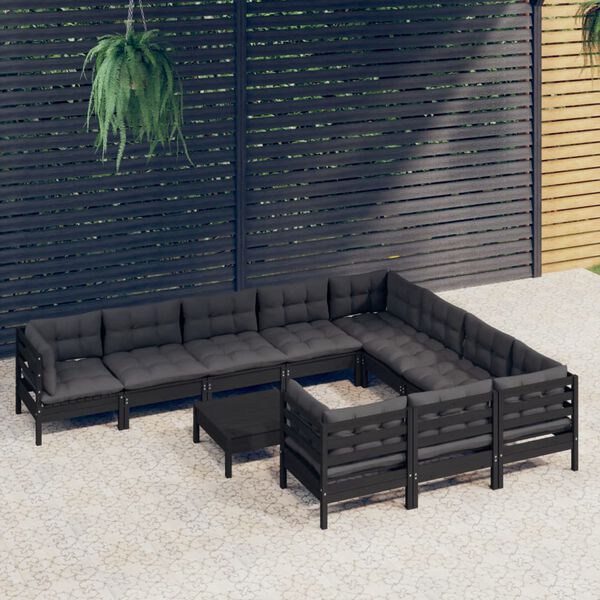 vidaXL Salon de jardin 11 pcs avec coussins Noir Bois de pin