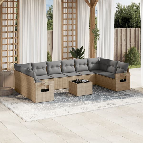 vidaXL Salon de jardin 11 pcs avec coussins beige r&eacute;sine tress&eacute;e