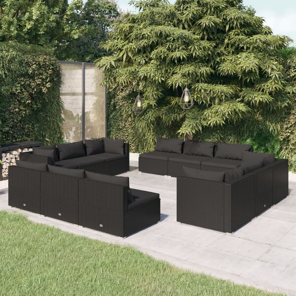 vidaXL Salon de jardin 12 pcs avec coussins r&eacute;sine tress&eacute;e noir