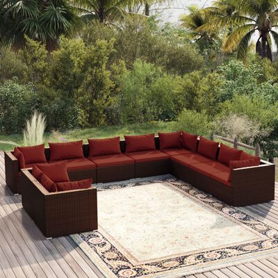 vidaXL Salon de jardin 10 pcs avec coussins marron résine tressée