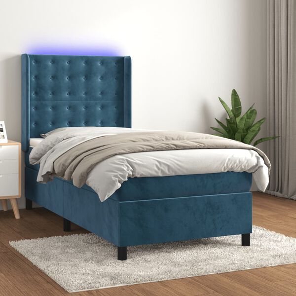 vidaXL Sommier &agrave; lattes de lit matelas LED Bleu fonc&eacute; 90x190cm Velours
